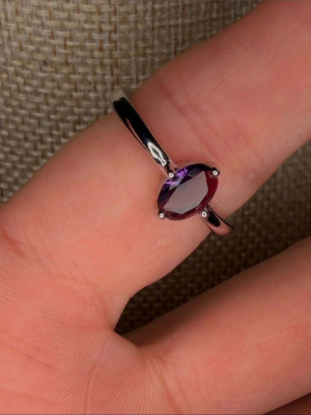 Silvertone Amethyst Solitaire Ring - Sz 7 adjustable
